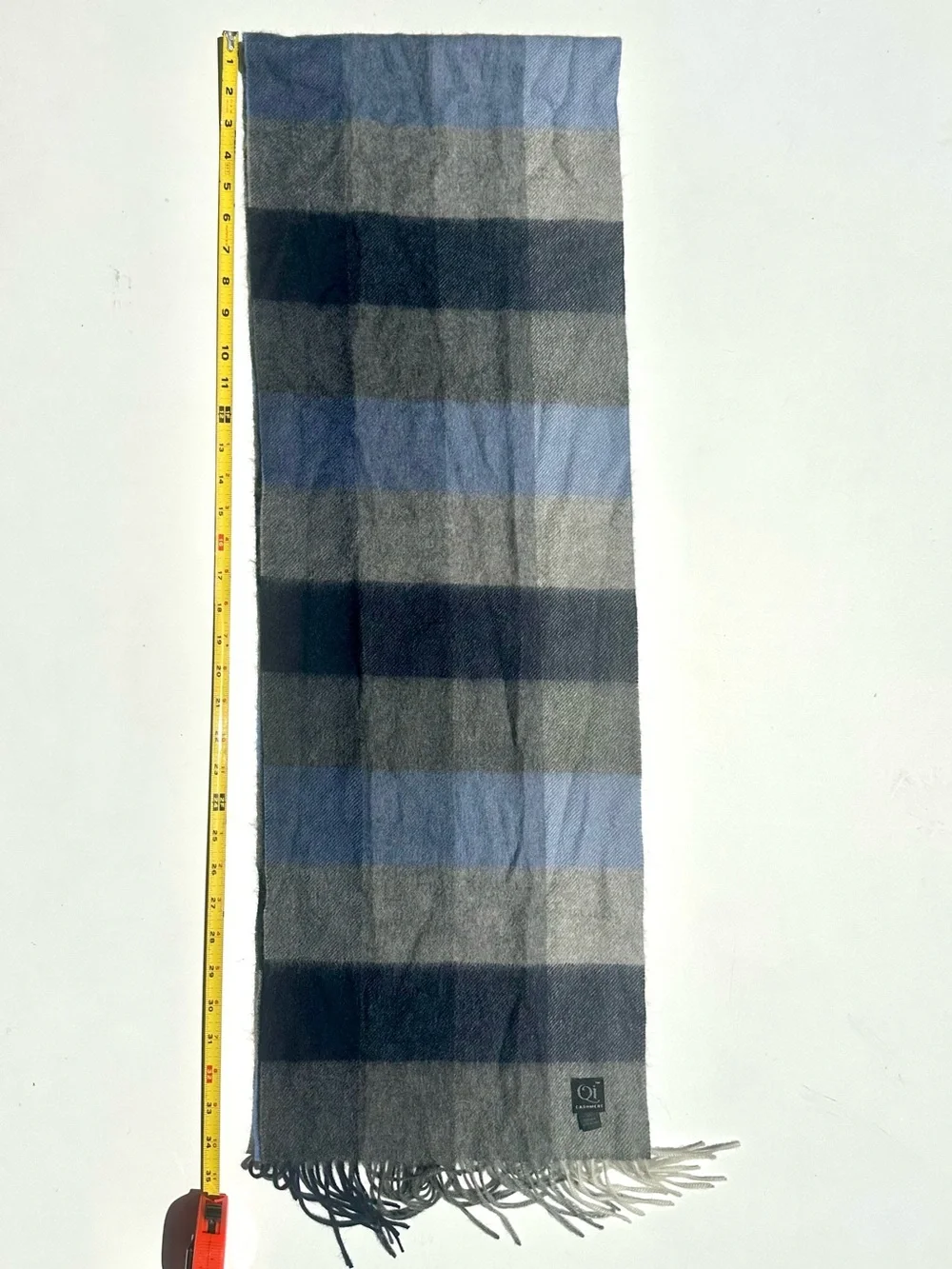 Qi Cashmere Blue & Gray Plaid Fringe Scarf, 100% Cashmere, 70”x12”